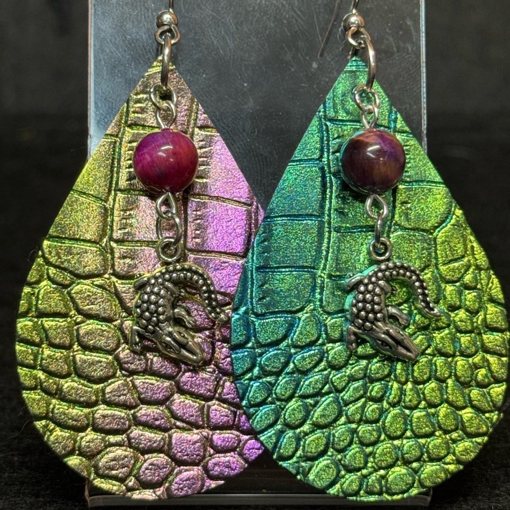Green Multi Chrome Crocodile Faux Leather Earrings